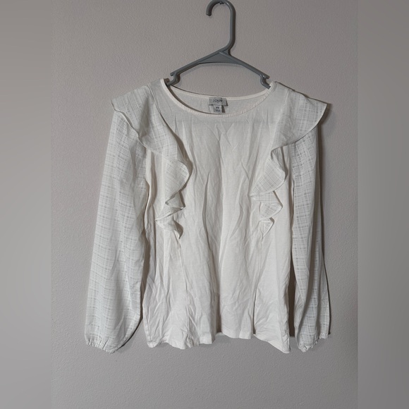 J Crew Women’s Long Sleeves Ruffle 100% Cotton Polyester Top Ivory Blouse XS - Picture 2 of 5